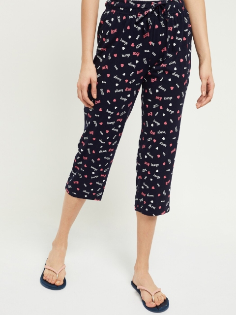 

max Women Navy Blue & White Printed Cotton Lounge Capris