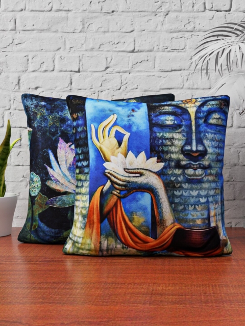 

HAPPY HUES Blue Set of 2 Buddha & Lotus Printed Square Cushion Covers