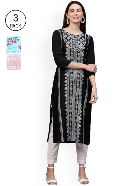 

GoSriKi Women Multicoloured Floral Printed Thread Work Crepe Kurta, Multi