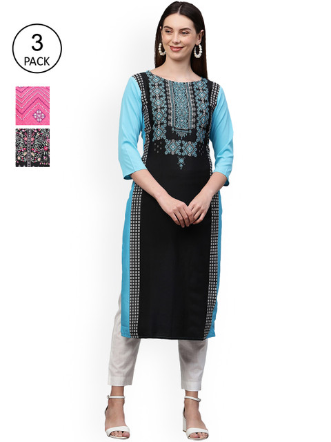 

GoSriKi Women Multicoloured Ethnic Motifs Printed Mirror Work Crepe Kurta, Multi