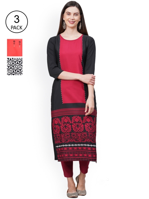 

GoSriKi Women Pack Of 3 Printed Crepe Kurta, Black