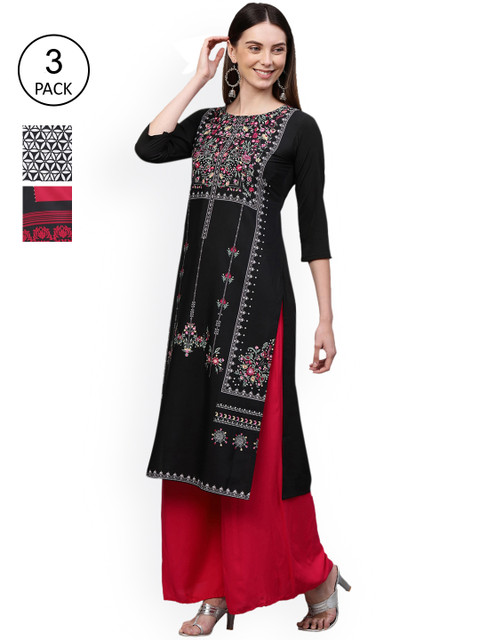 

GoSriKi Women Pack Of 3 Printed Crepe Kurta, Black