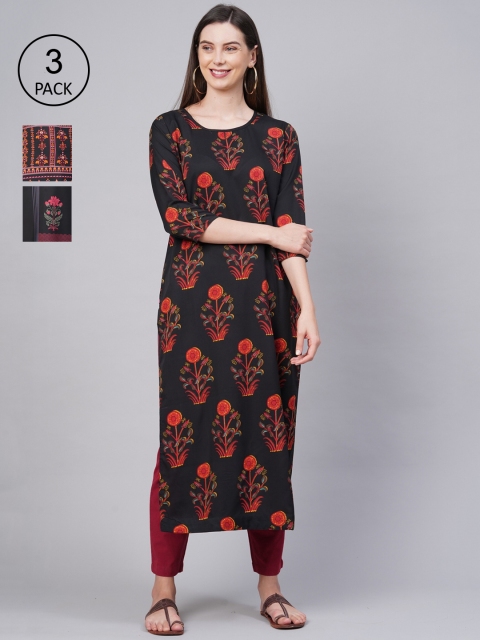 

KALINI Women Pack of 3 Multicoloured Ethnic Motifs Printed Crepe Kurta, Multi