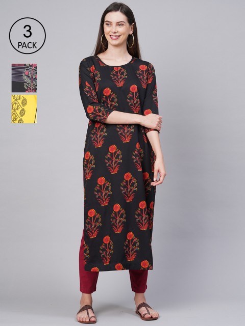 

KALINI Women Pack of 3 Multicoloured Ethnic Motifs Printed Crepe Kurta, Multi