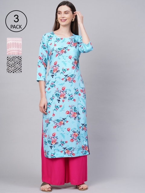 

KALINI Women Pack of 3 Multicoloured Floral Printed Crepe Kurta, Multi