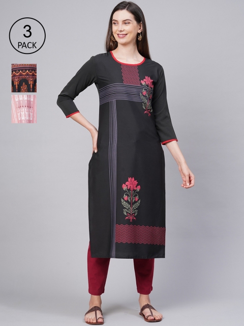 

KALINI Women Pack of 3 Multicoloured Ethnic Motifs Printed Crepe Kurta, Multi