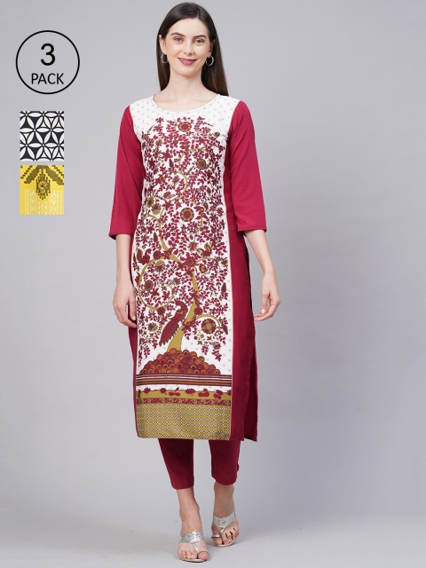 

KALINI Women Pack of 3 Multicoloured Ethnic Motifs Printed Crepe Kurta, Multi