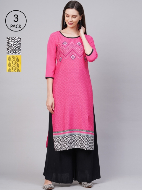 

KALINI Women Pack of 3 Multicoloured Ethnic Motifs Printed Crepe Kurta, Multi