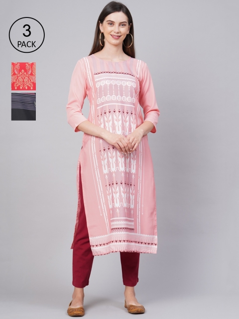 

KALINI Women Pack of 3 Multicoloured Ethnic Motifs Printed Crepe Kurta, Multi