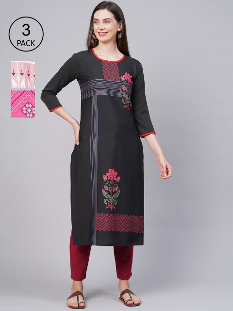 

KALINI Women Pack of 3 Multicoloured Ethnic Motifs Printed Crepe Kurta, Multi
