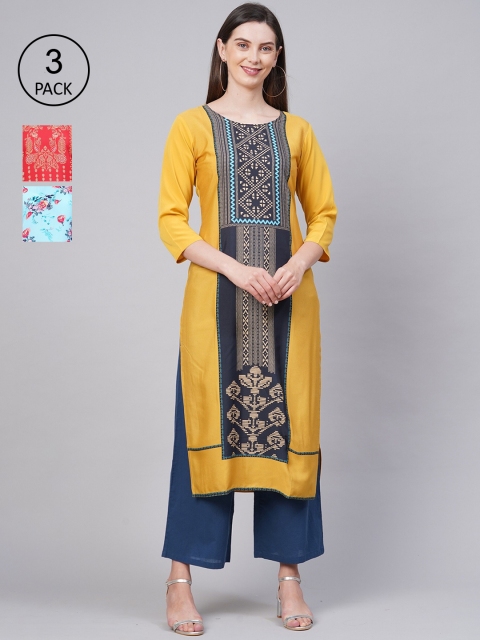 

KALINI Women Pack of 3 Multicoloured Floral Printed Crepe Kurta, Multi