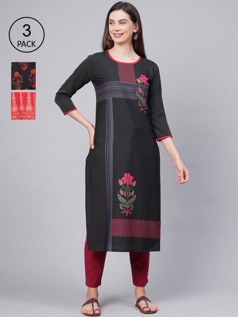 

KALINI Women Pack of 3 Multicoloured Ethnic Motifs Printed Crepe Kurta, Multi