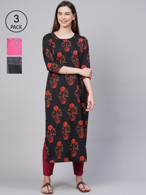 

KALINI Women Pack of 3 Multicoloured Floral Printed Crepe Kurta, Multi