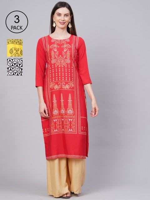 

KALINI Women Pack of 3 Multicoloured Ethnic Motifs Printed Crepe Kurta, Multi