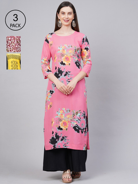 

KALINI Women Pack of 3 Multicoloured Ethnic Motifs Printed Crepe Kurta, Multi