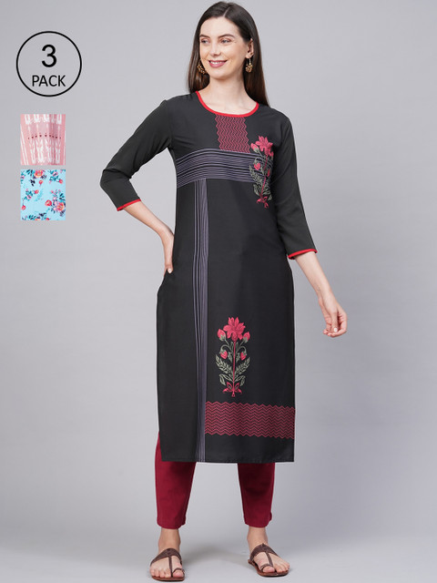 

KALINI Women Pack of 3 Multicoloured Floral Printed Crepe Kurta, Multi