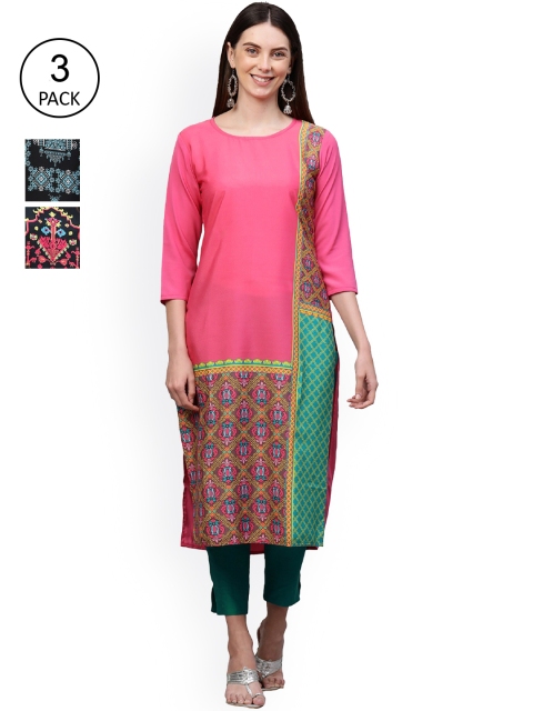 

GoSriKi Women Multicoloured Ethnic Motifs Printed Thread Work Crepe Kurta, Multi