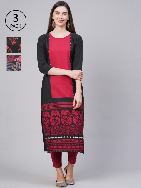 

KALINI Women Pack of 3 Black & Red Floral Printed Crepe Kurta
