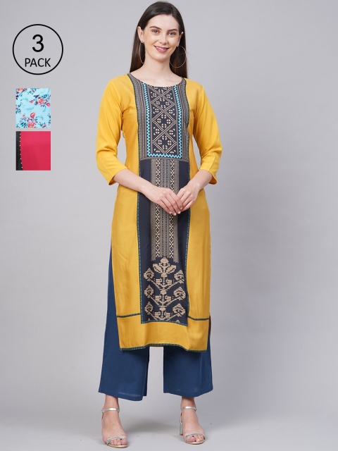 

KALINI Women Pack of 3 Multicoloured Floral Printed Crepe Kurta, Multi