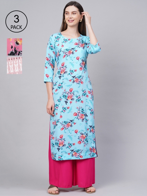 

KALINI Women Pack of 3 Multicoloured Floral Printed Crepe Kurta, Multi