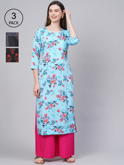 

KALINI Women Pack of 3 Multicoloured Floral Printed Crepe Kurta, Multi