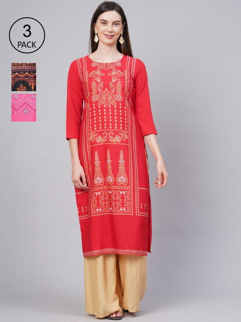 

KALINI Women Pack of 3 Multicoloured Ethnic Motifs Printed Crepe Kurta, Multi