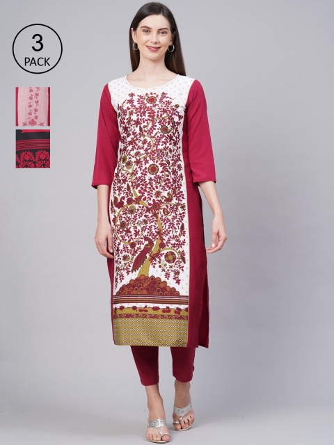 

KALINI Women Pack of 3 Multicoloured Ethnic Motifs Printed Crepe Kurta, Multi