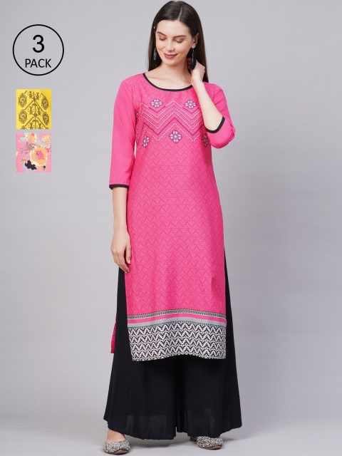 

KALINI Women Pack of 3 Multicoloured Ethnic Motifs Printed Crepe Kurta, Multi