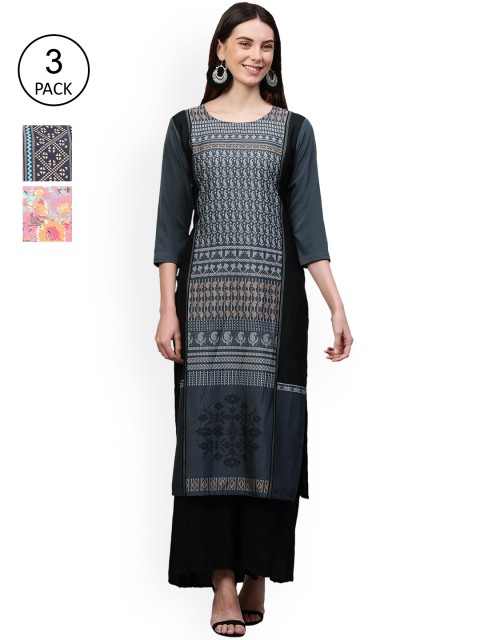 

GoSriKi Women Multicoloured Geometric Printed Mirror Work Crepe Kurta, Multi