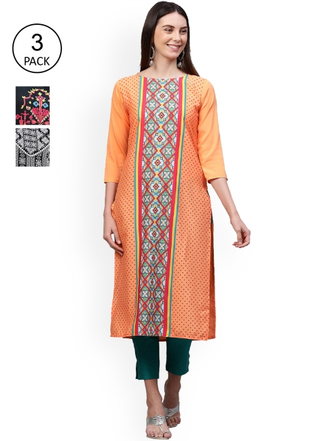 

GoSriKi Women Pack Of 3 Kurtas, Orange