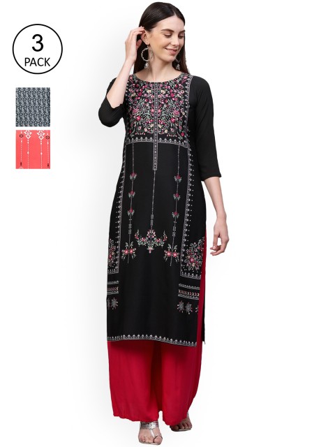 

GoSriKi Women Pack Of 3 Kurtas, Black