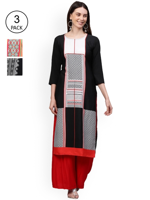 

GoSriKi Women Pack Of 3 Kurtas, Black