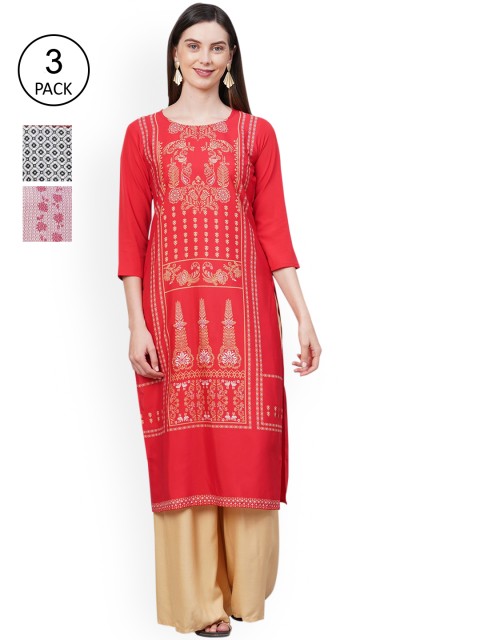 

GoSriKi Women Pack Of 3 Kurtas, Red