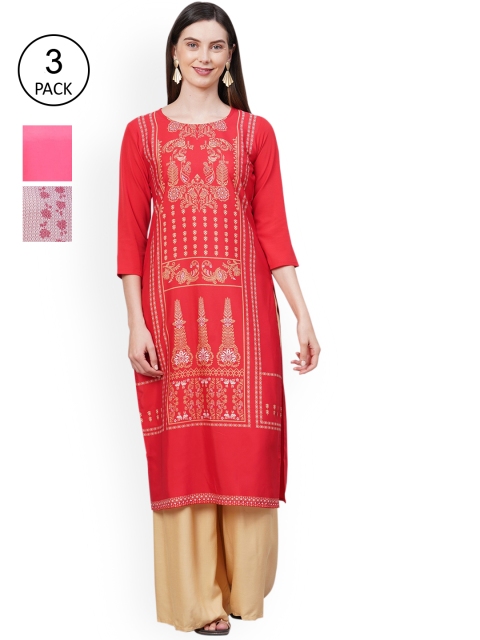 

GoSriKi Women Pack Of 3 Kurtas, Red