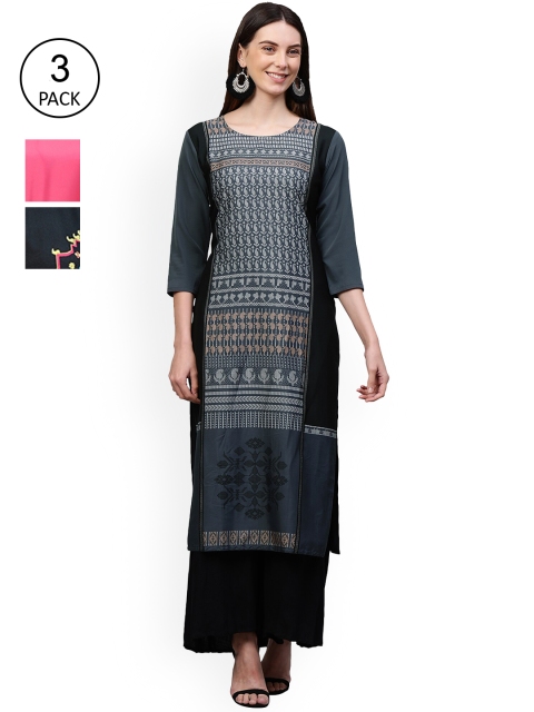 

GoSriKi Women Pack Of 3 Kurtas, Black