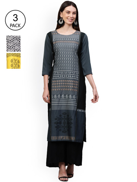 

GoSriKi Women Pack Of 3 Kurtas, Black