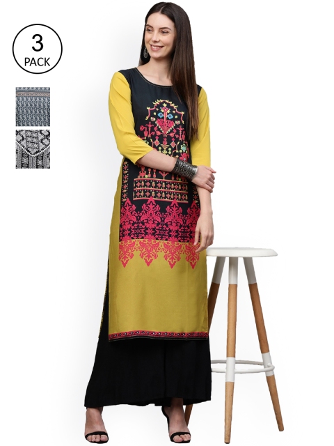 

GoSriKi Women Pack Of 3 Kurtas, Yellow