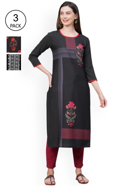

GoSriKi Women Pack Of 3 Kurtas, Black