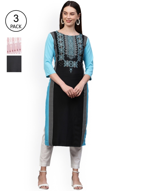 

GoSriKi Women Pack Of 3 Kurtas, Black