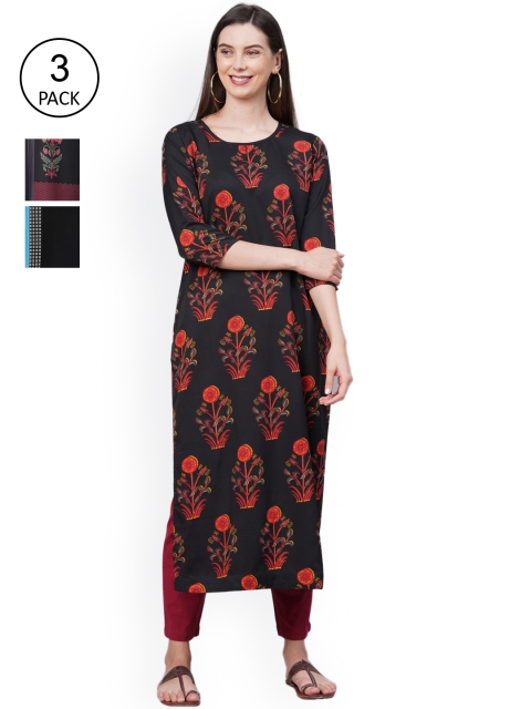 

GoSriKi Women Pack Of 3 Kurtas, Black