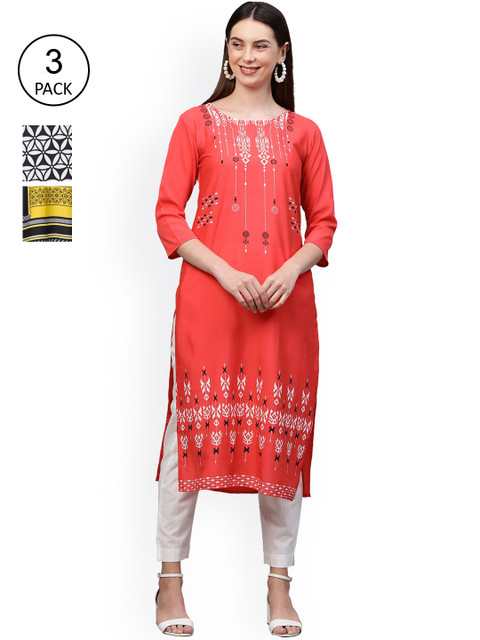 

GoSriKi Women Pack Of 3 Kurtas, Red