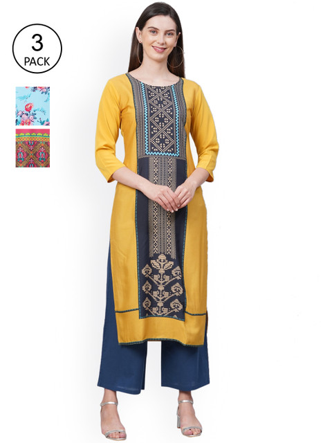 

GoSriKi Women Pack Of 3 Kurtas, Blue