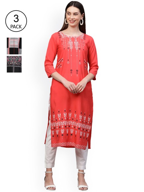 

GoSriKi Women Pack Of 3 Kurtas, Red
