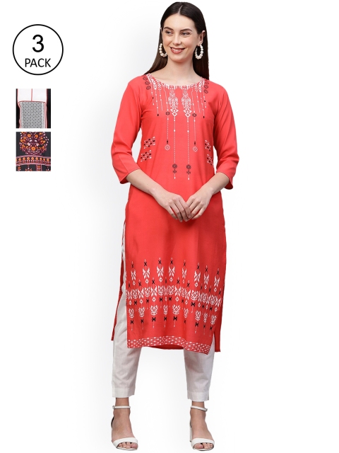 

GoSriKi Women Pack Of 3 Kurtas, Black