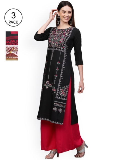 

GoSriKi Women Pack Of 3 Kurtas, Black