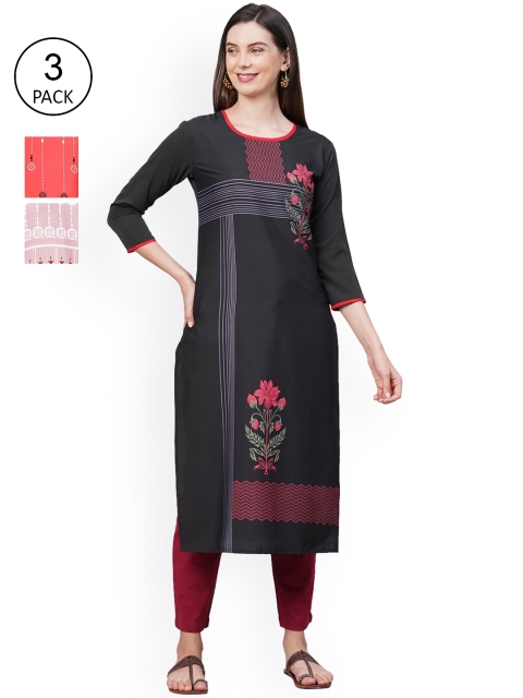 

GoSriKi Women Pack Of 3 Kurtas, Black