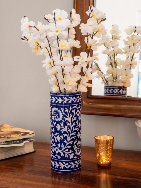 

Neerja White & Blue Printed Pottery Cyliderical Vase