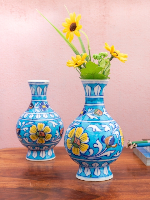 

Neerja Set Of 2 Yellow & Blue Hand Painted Pottery Surahi Vase