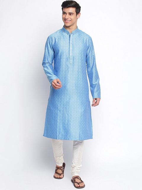 

Sanwara Men Blue Mandarin Collar Art Silk Straight Kurta
