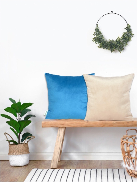

KICA Beige & Blue Set of 2 Velvet Square Cushion Covers